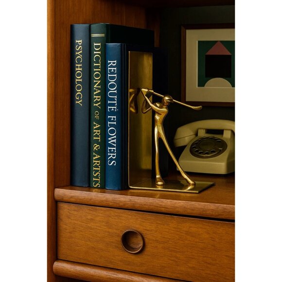 Mid Century Modern Minimal Gold Brass Golfer Golf Player Bookend Made in Korea - Picture 1 of 7
